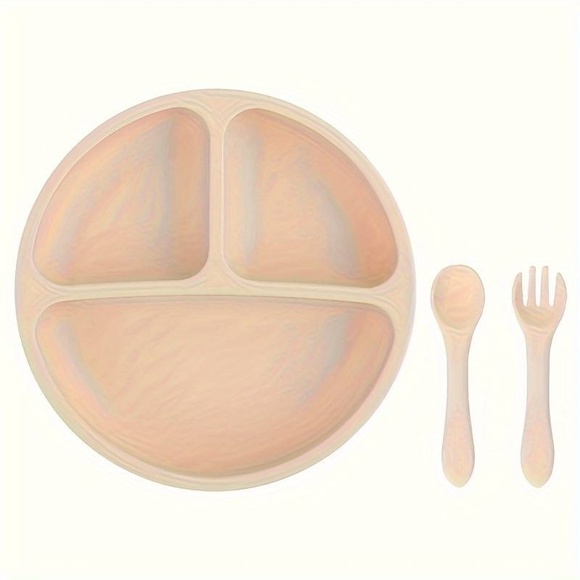 3 piece Suction Silicone Dinner Plate, Spoon & Fork Set, Dinner Plate Divider - Picture 2 of 16